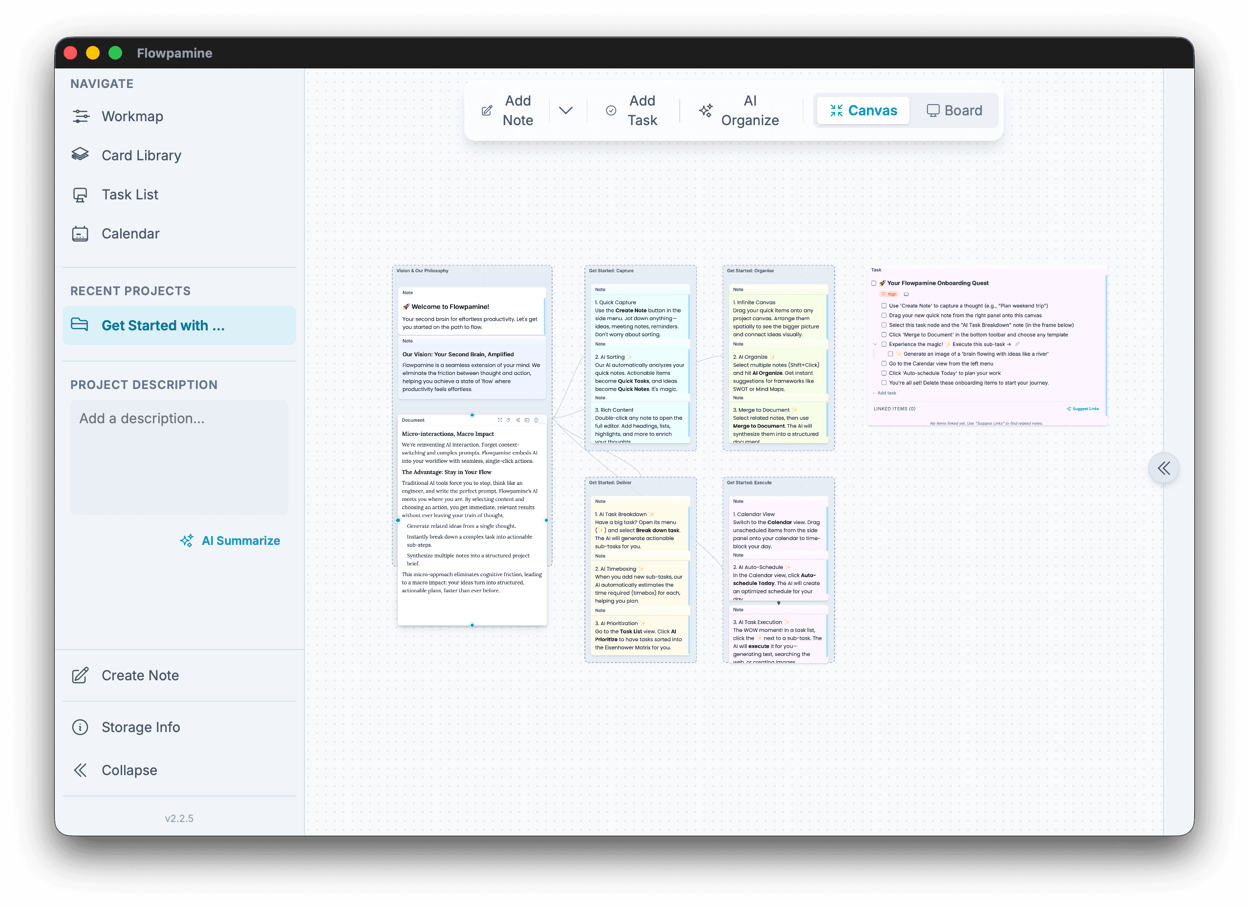 Flowpamine desktop canvas view with project planning interface
